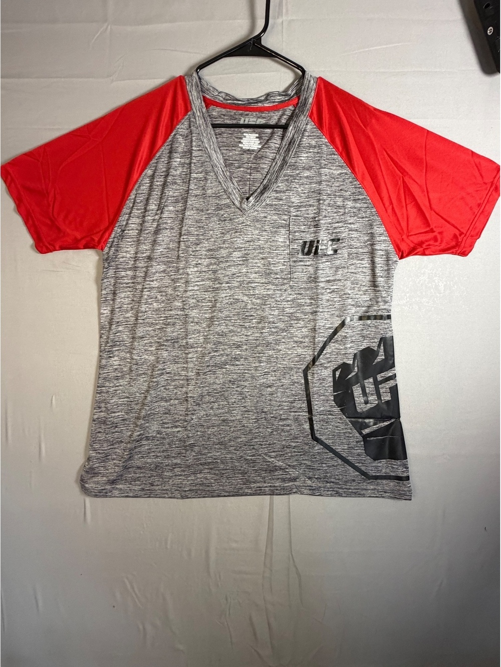 UFC Men's Short Sleeve V-Neck Athletic Shirt with Red Raglan Sleeves, Gray Body,
